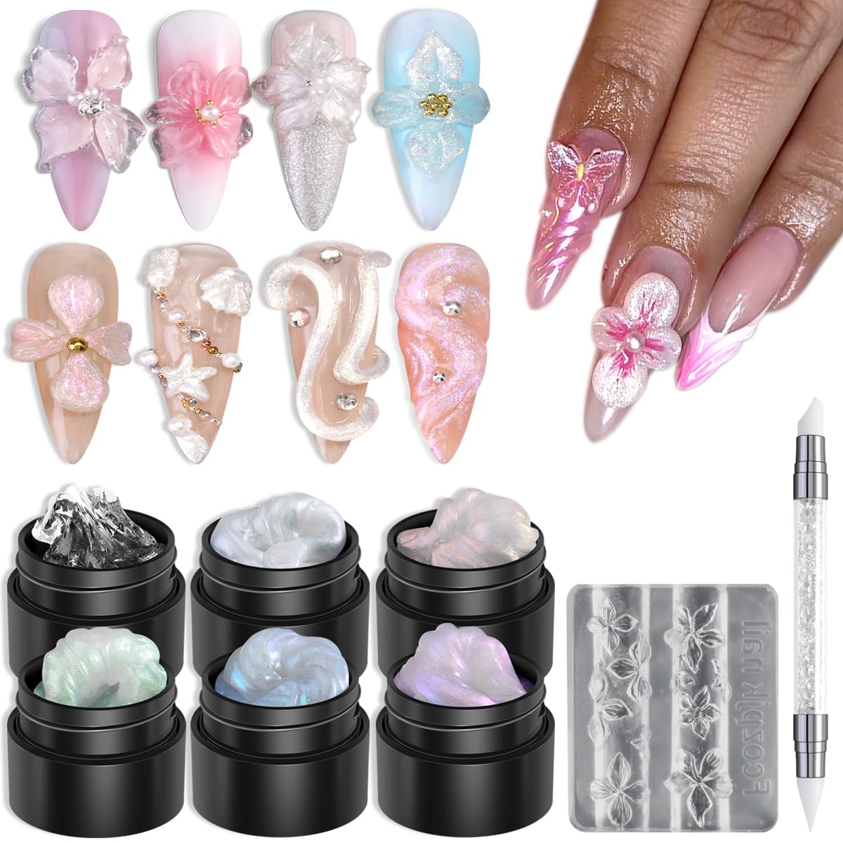 Fcozpjk front packaging kit showing six iridescent gel bottles and accessories for quick setup