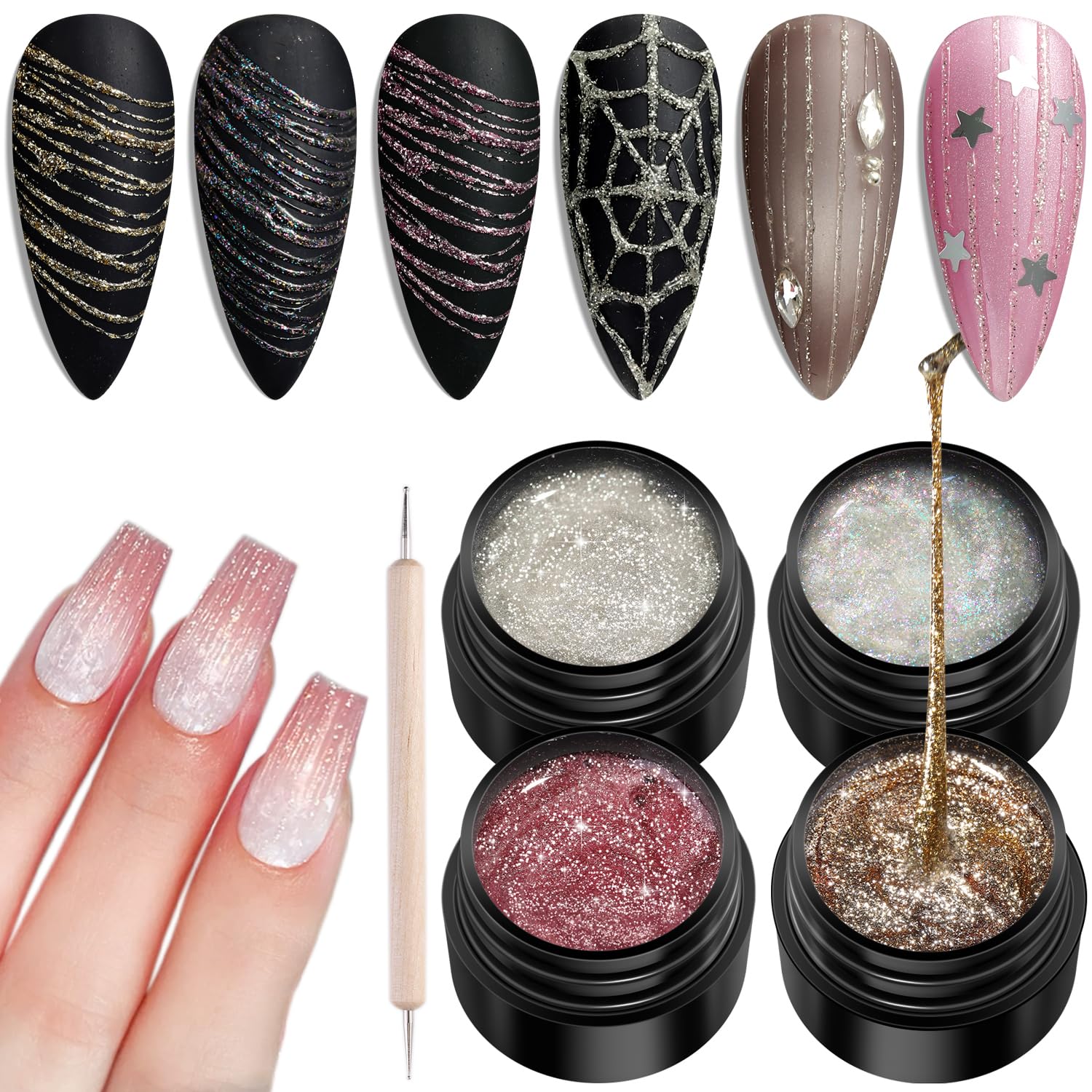 Fcozpjk front packaging showing four reflective spider gel jars and dotting pen, quick setup benefit