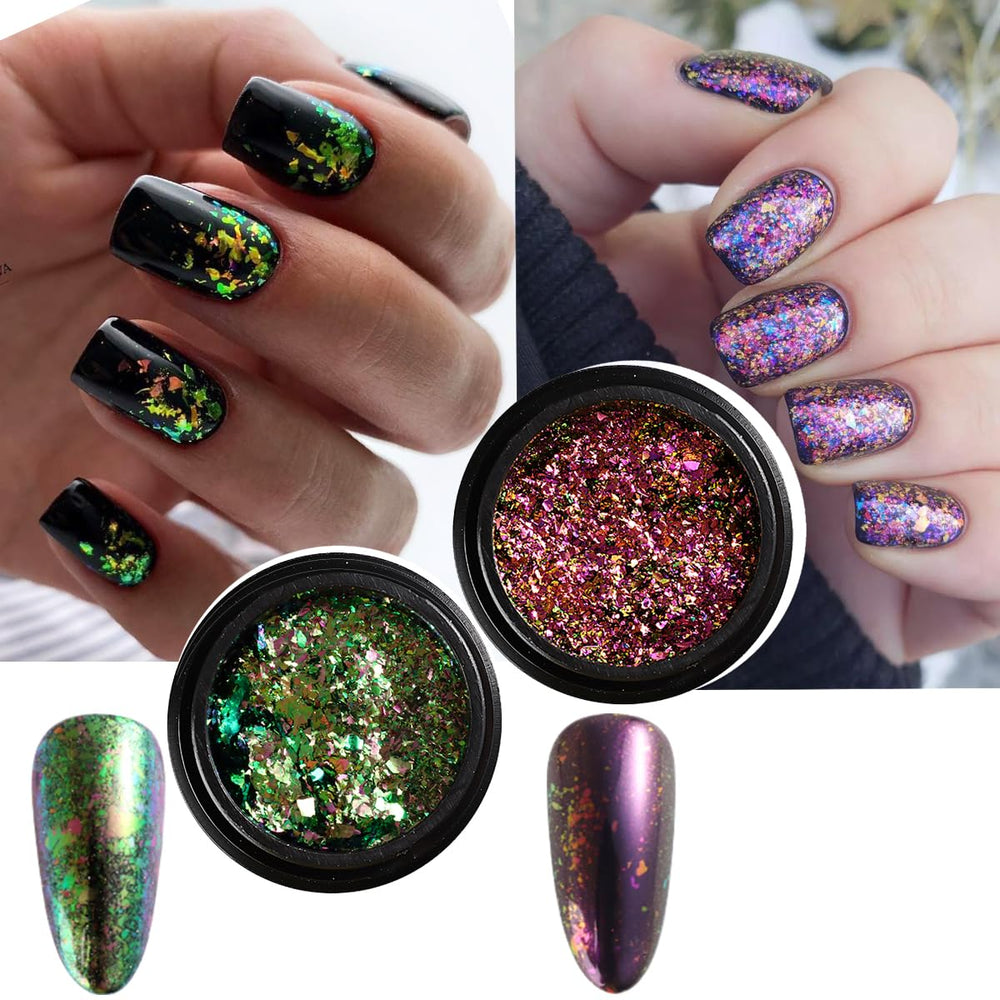 Fcozpjk holographic powder being applied over nail showing shimmering multidimensional effect