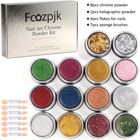Fcozpjk open jars displaying 14 distinct metallic and holographic powder colors for versatile looks
