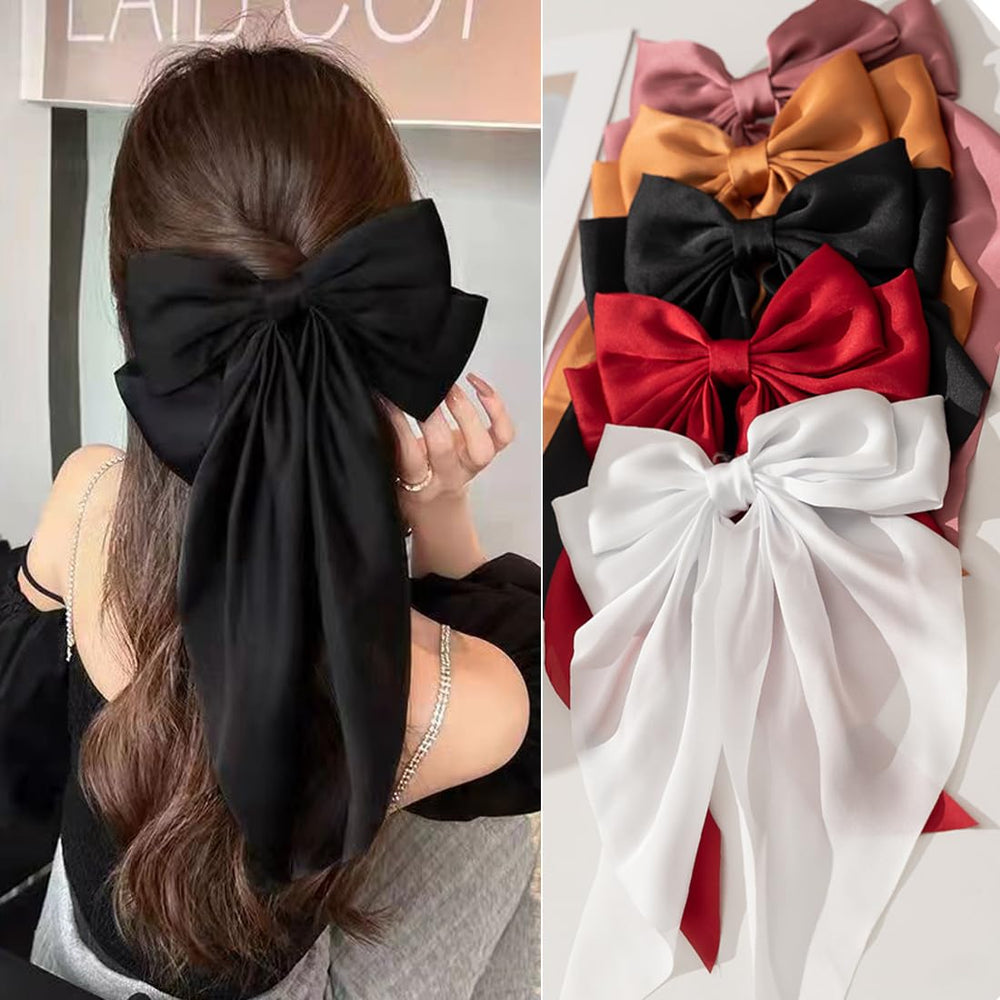 FDBJulyy front view of black satin bow clips showing set presentation and elegant look
