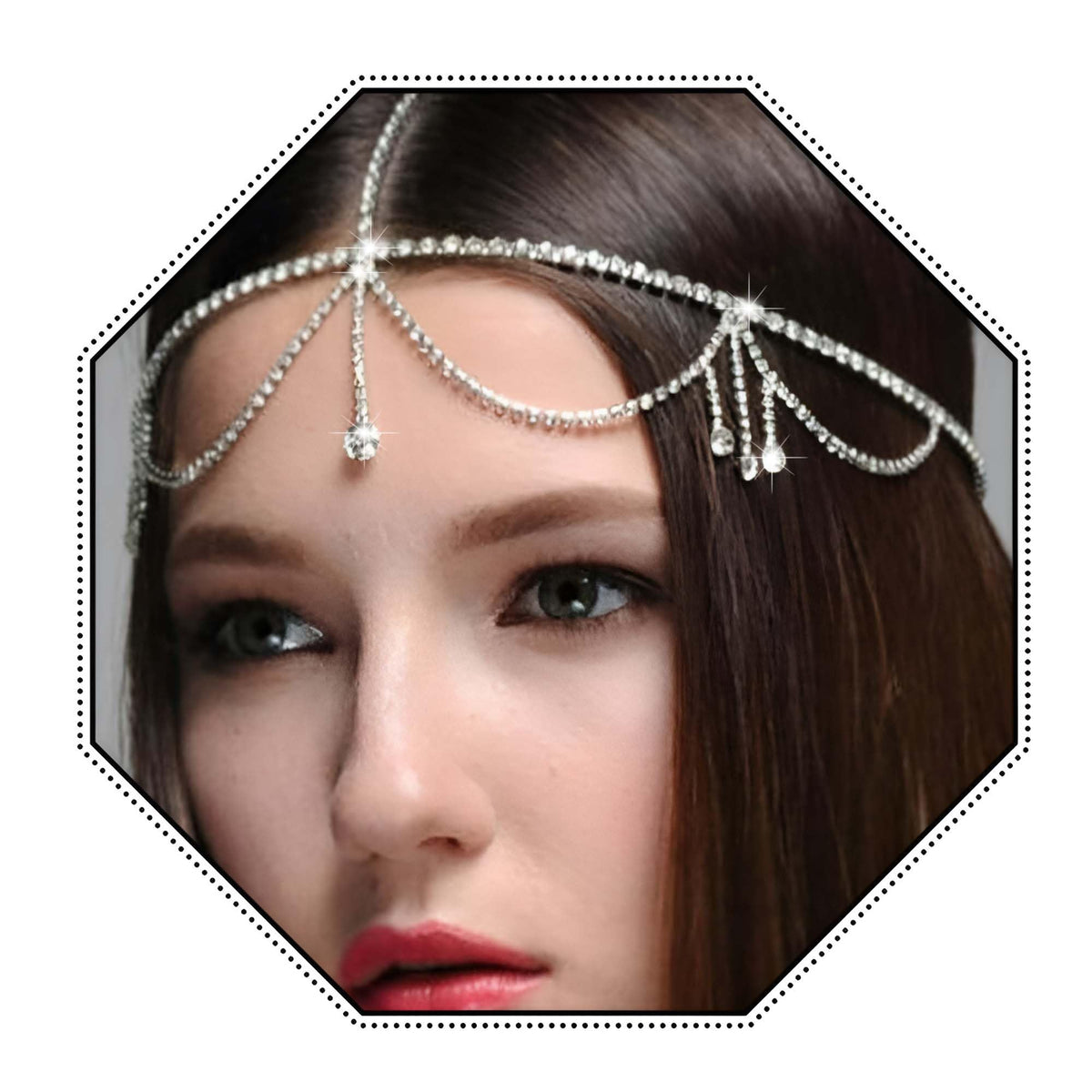 Fdesigner front view of silver rhinestone head chain showing full design and sparkle