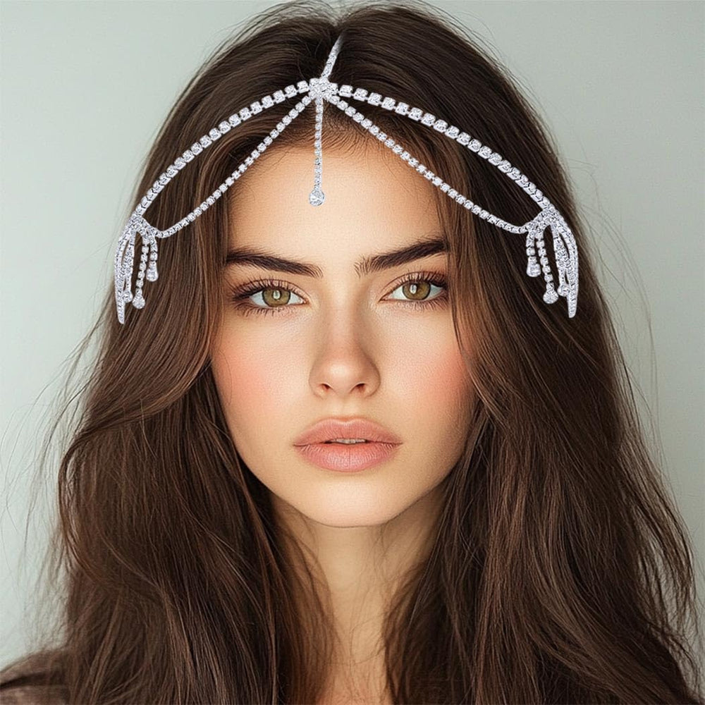 Fdesigner head chain styled on bridal updo showing elegant forehead drape