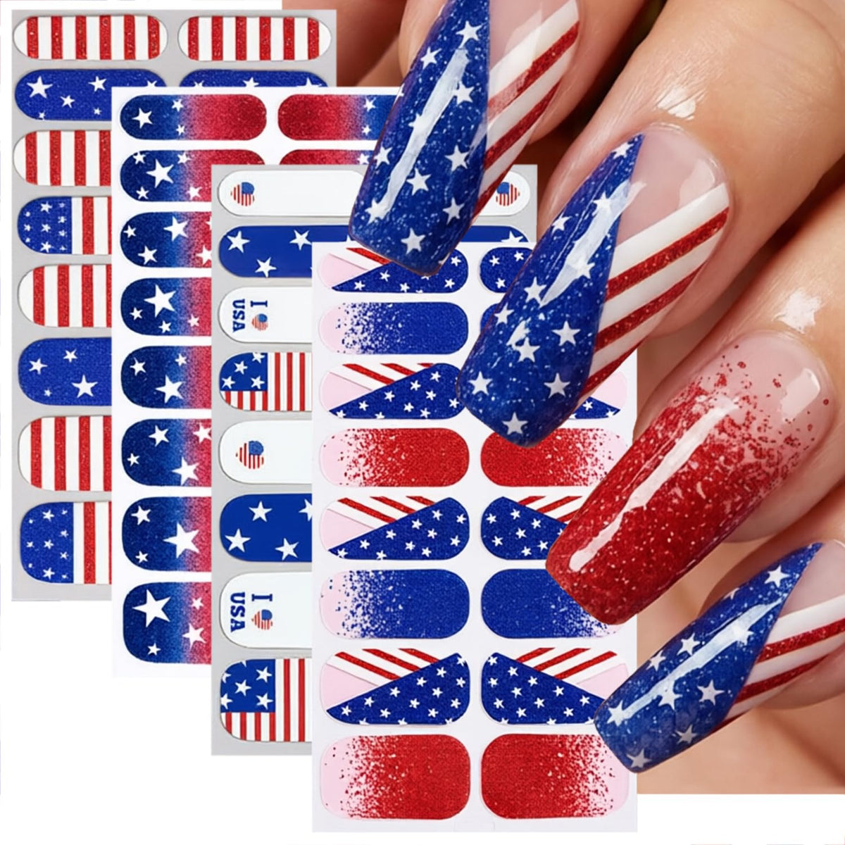 FDSQHSA front packaging showing four patriotic nail sticker sheets and easy application