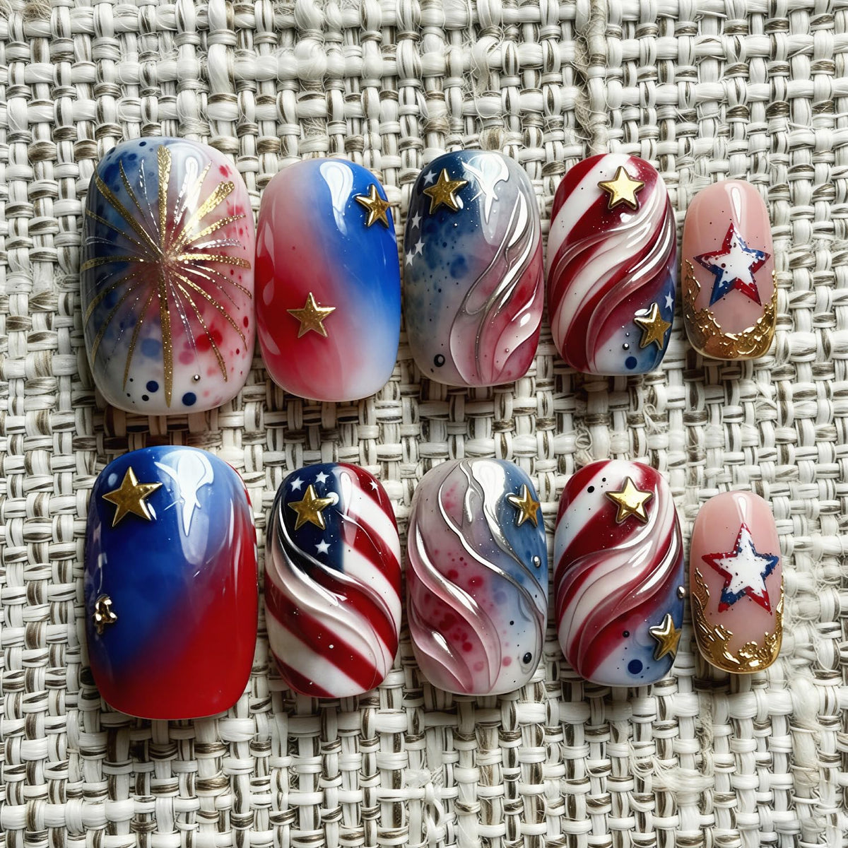 FDSQHSA front packaging showing 30-piece patriotic press-on nails and clear benefits