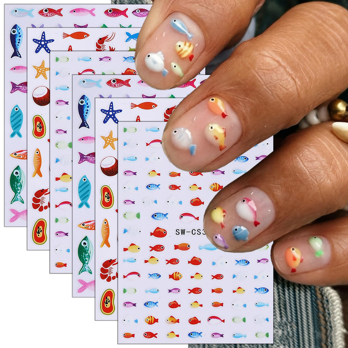 FDSQHSA front packaging showing six summer nail sticker sheets for easy styling