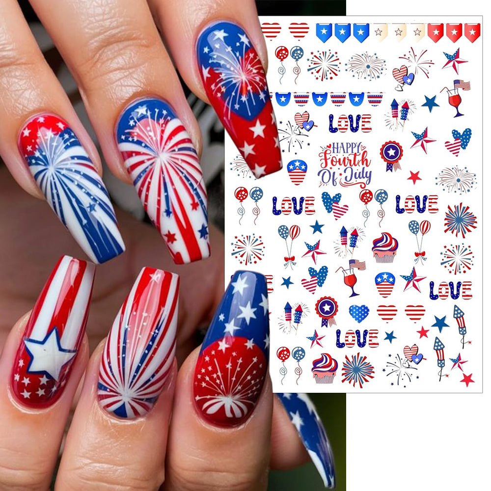 FDSQHSA sheet flat lay with varied patriotic designs for flexible nail looks