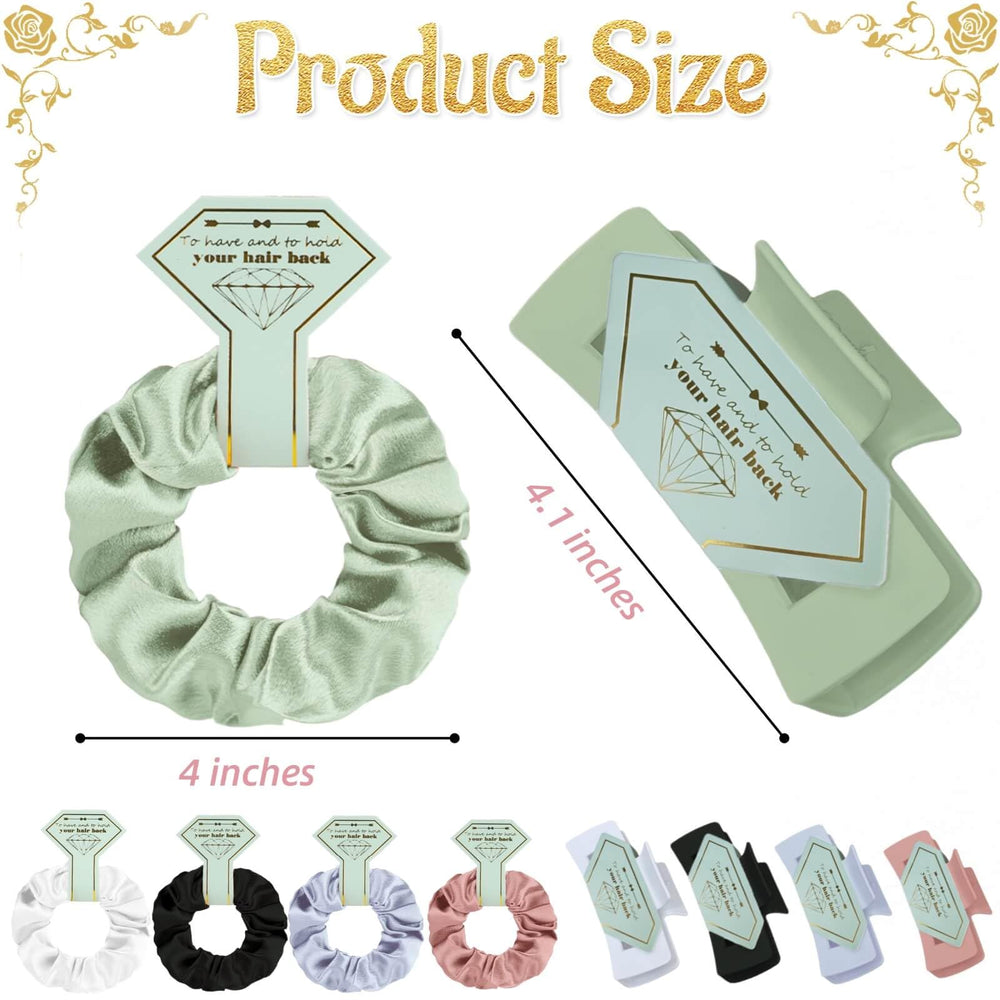 Featch satin scrunchies stacked flatlay showing color contrast benefit coordinated bridal look