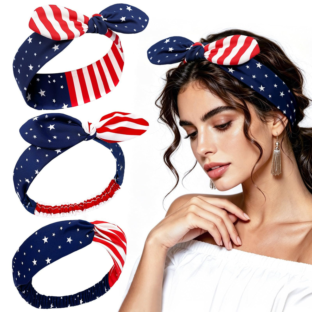 FEBSNOW front view of three patriotic headbands shows festive ready-to-wear accessory