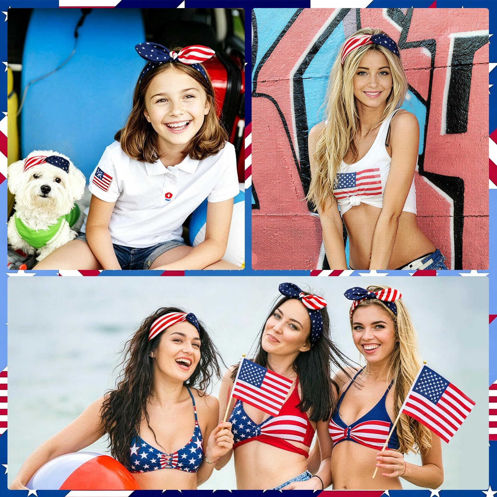 FEBSNOW three distinct red white blue headbands laid flat for mix-and-match looks