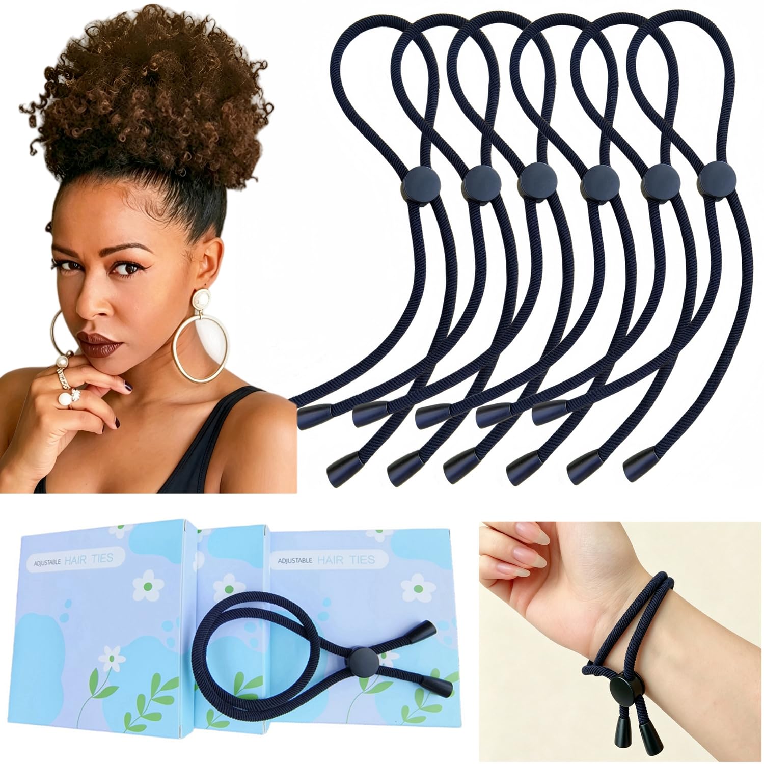 FEEZENT front packaging showing six adjustable headband hair ties and benefits