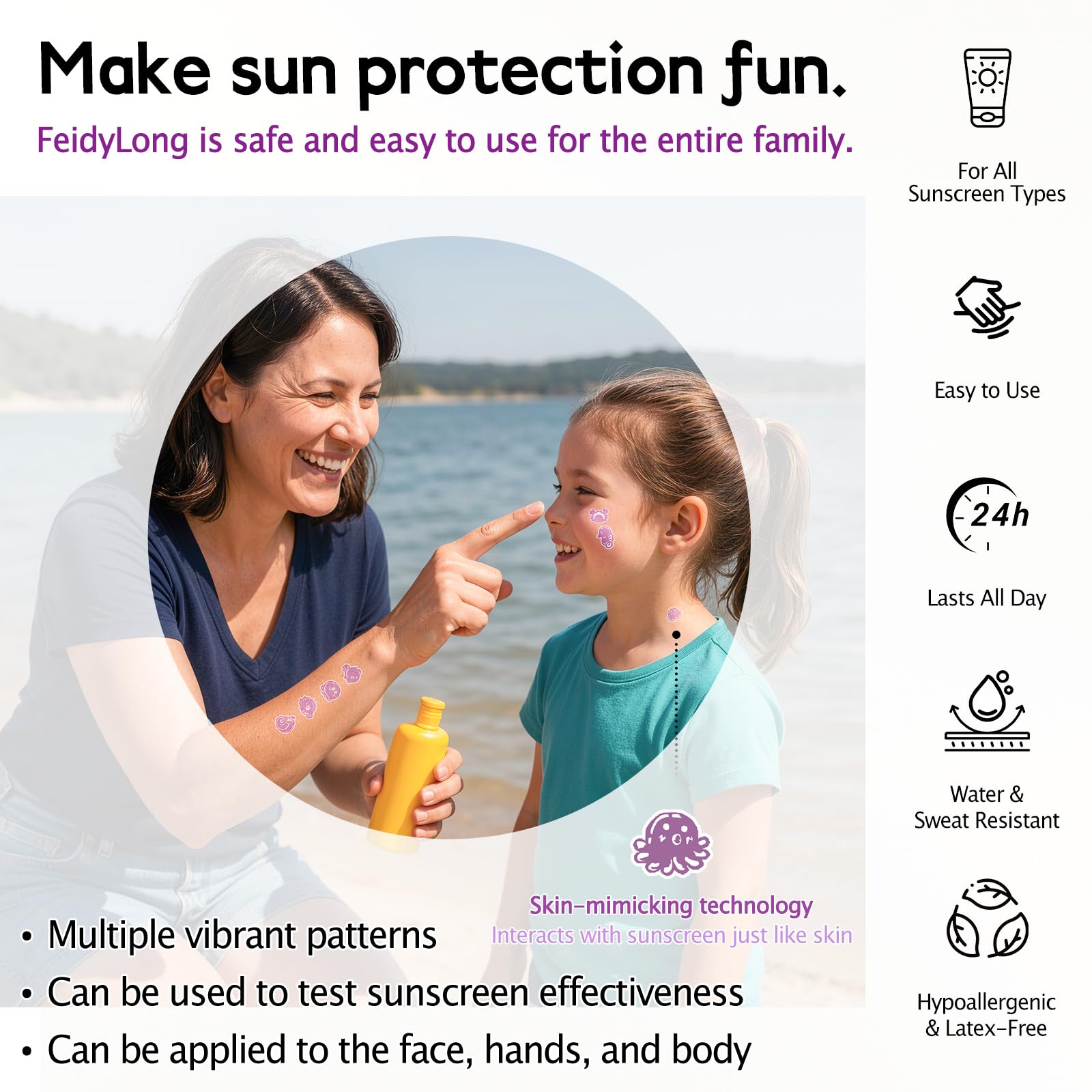 FeidyLong sticker adhered to child’s arm outdoors offering visible reminder to reapply sunscreen