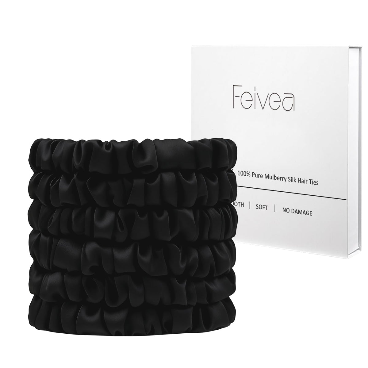 Feivea black silk scrunchies front view showing sleek finish and luxury feel