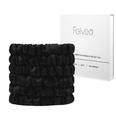 Feivea black silk scrunchies front view showing sleek finish and luxury feel