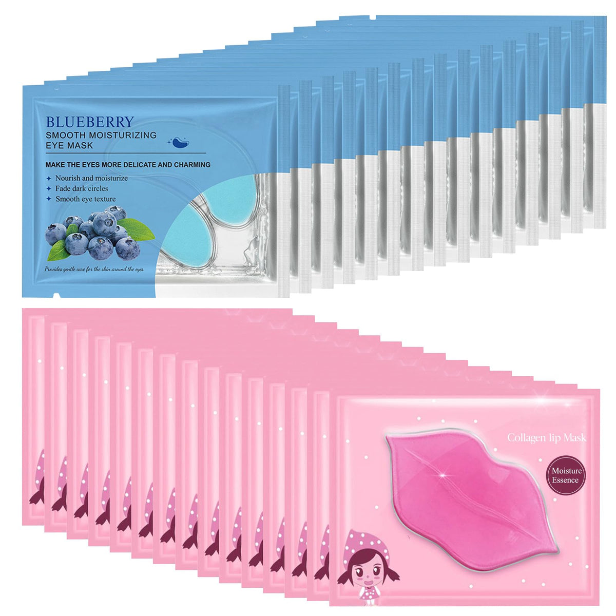 Felico front packaging showing blueberry lip and eye mask set and benefits
