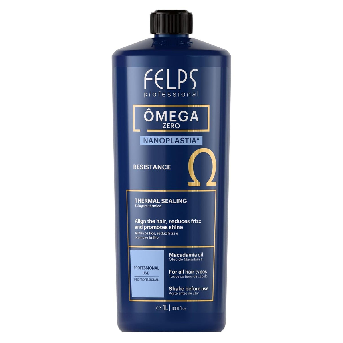 Felps Professional Omega front bottle view showing product and size benefit