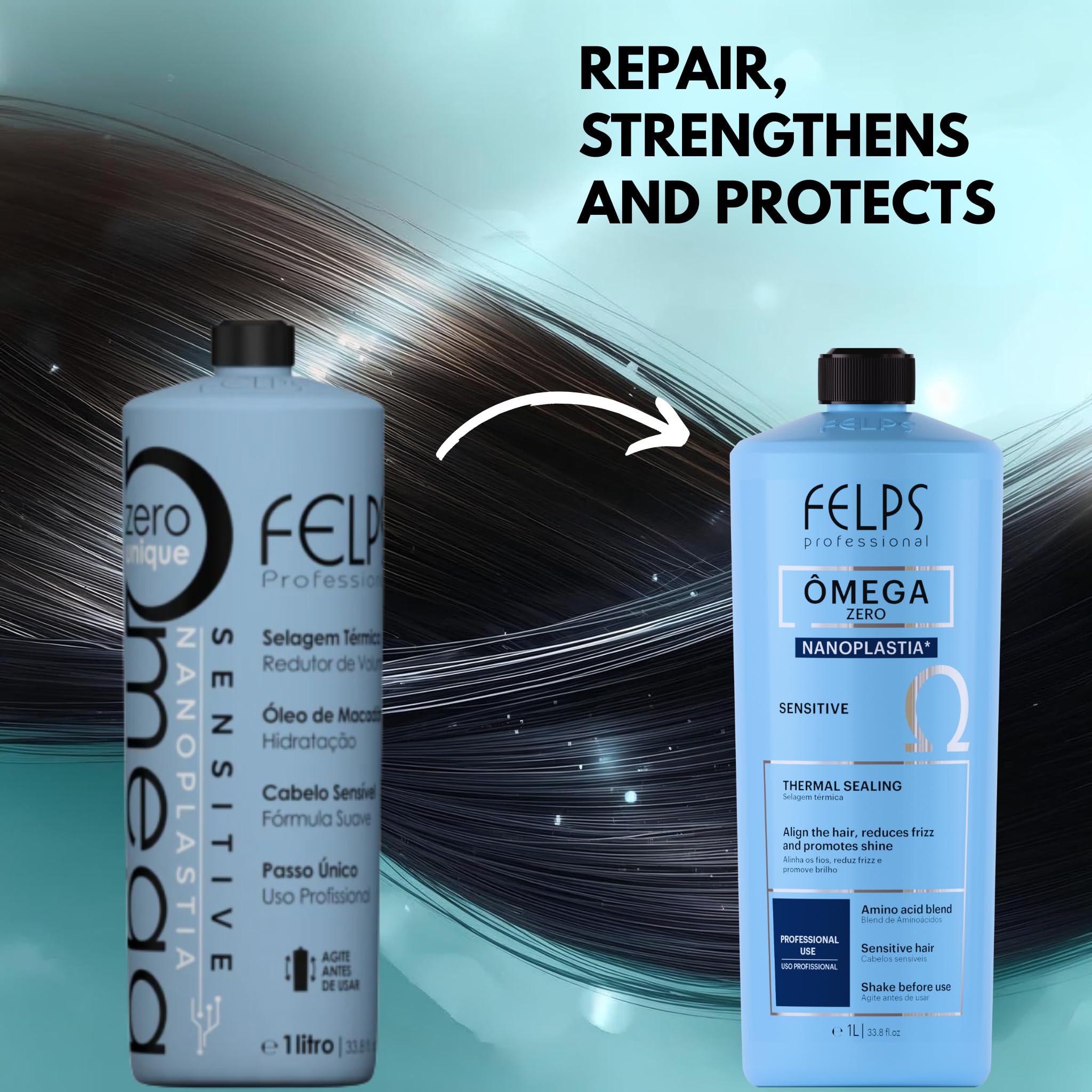 Felps Professional next to measuring cup showing 1 liter size for salon use