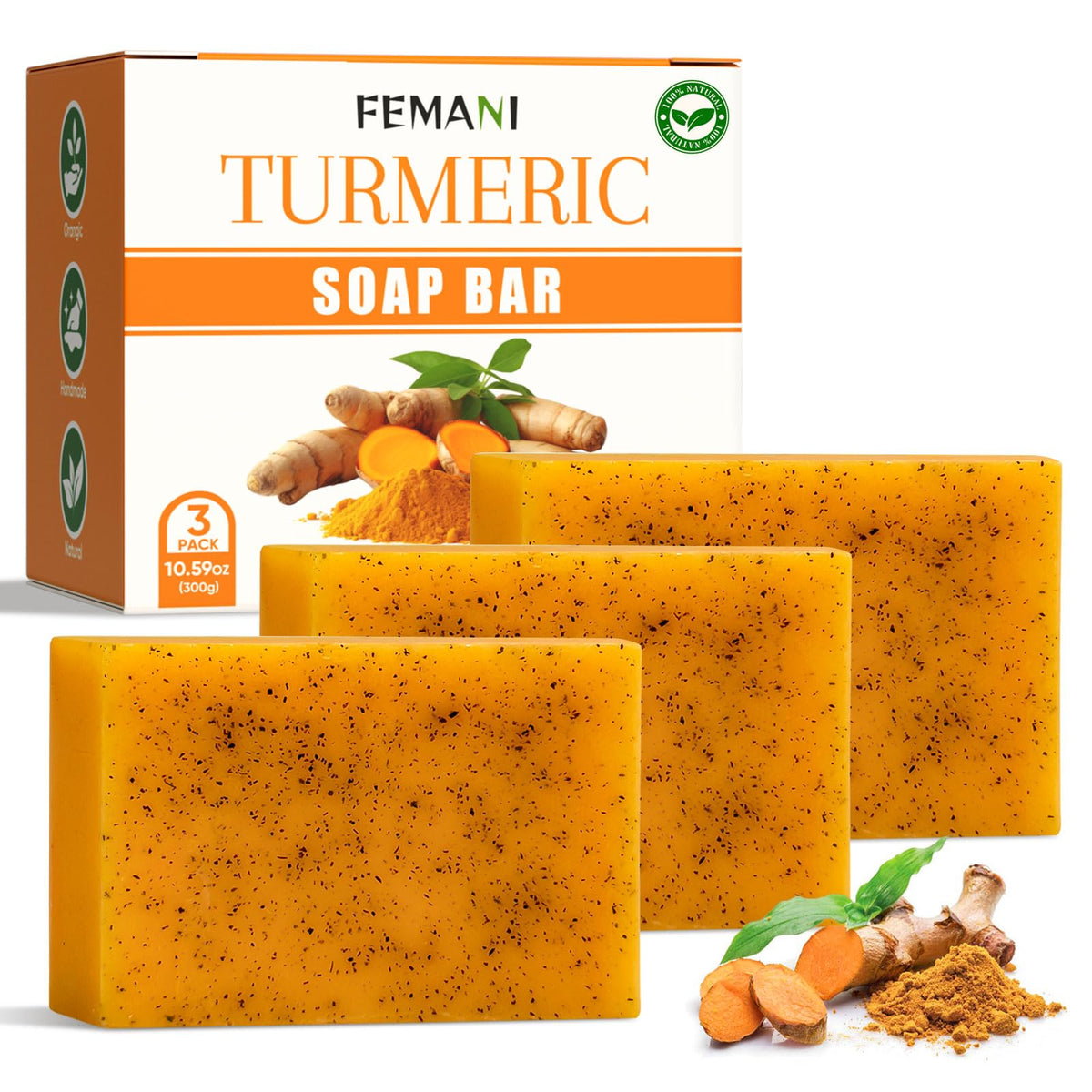 femani front packaging showing three turmeric soap bars, clear product presentation and convenience