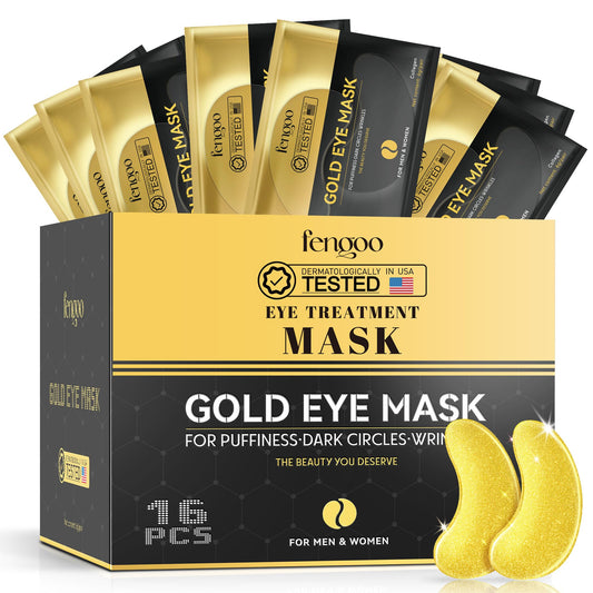 FENGOO front packaging showing 16 gold collagen eye patches and benefits