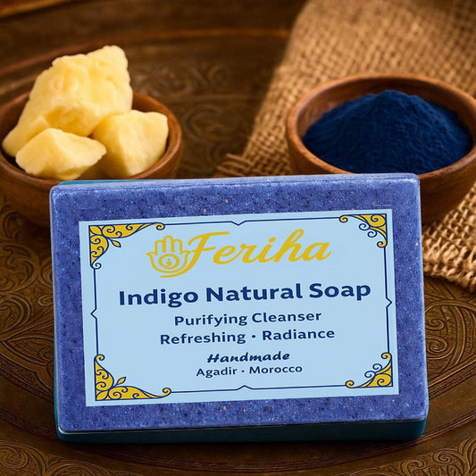 FERIHA close-up texture of indigo soap for gentle exfoliation