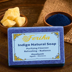 FERIHA close-up texture of indigo soap for gentle exfoliation