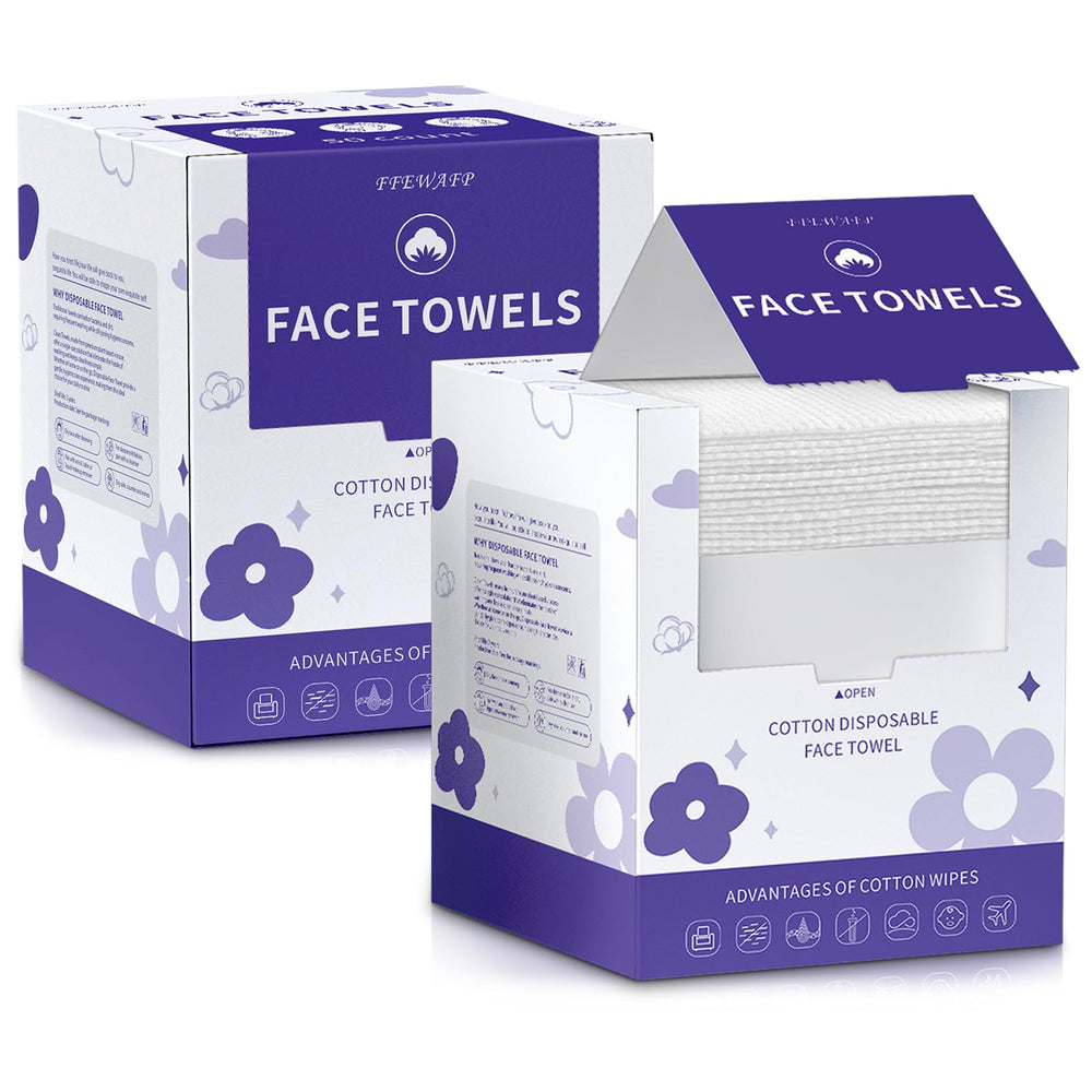 FFEWAFP front packaging showing two boxes of 50 cotton face towels, convenient storage