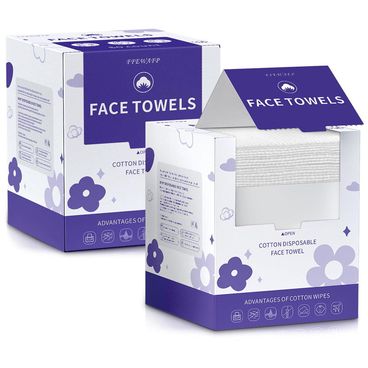 FFEWAFP front packaging showing two boxes of 50 cotton face towels, convenient storage