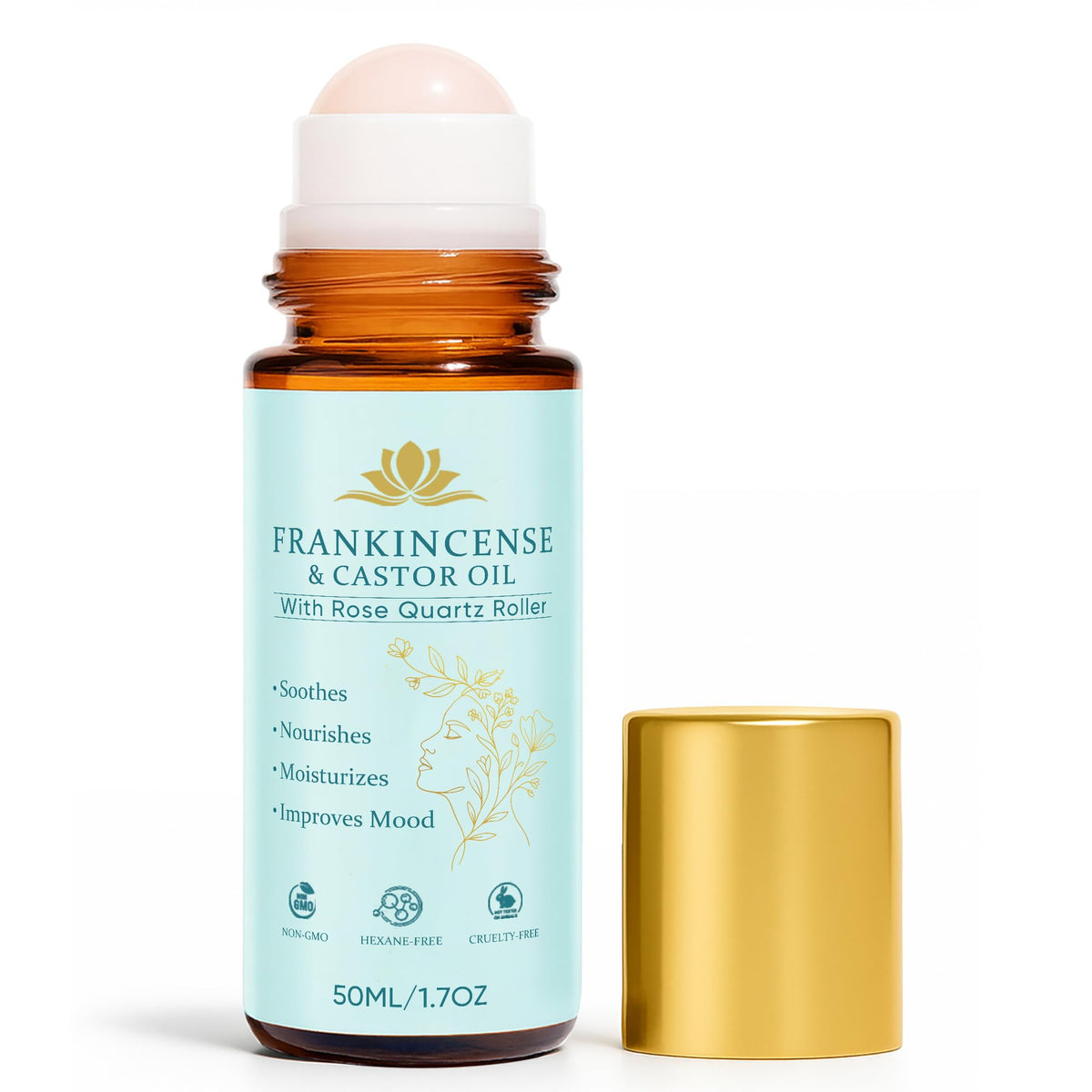 Fibosara roller front packaging showing bottle and rose quartz, promotes easy application