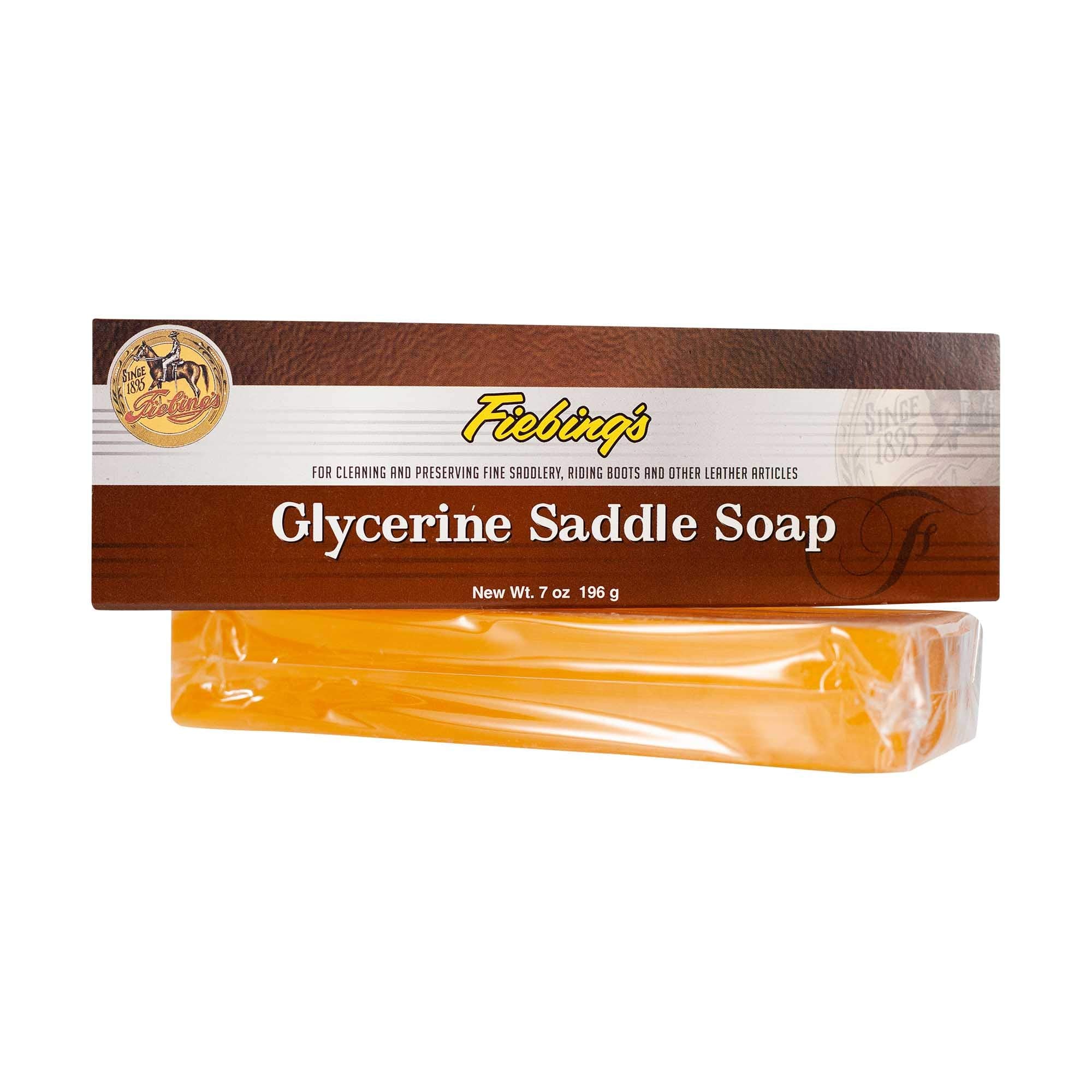 Fiebing's saddle soap bar front packaging showing size and brand benefit
