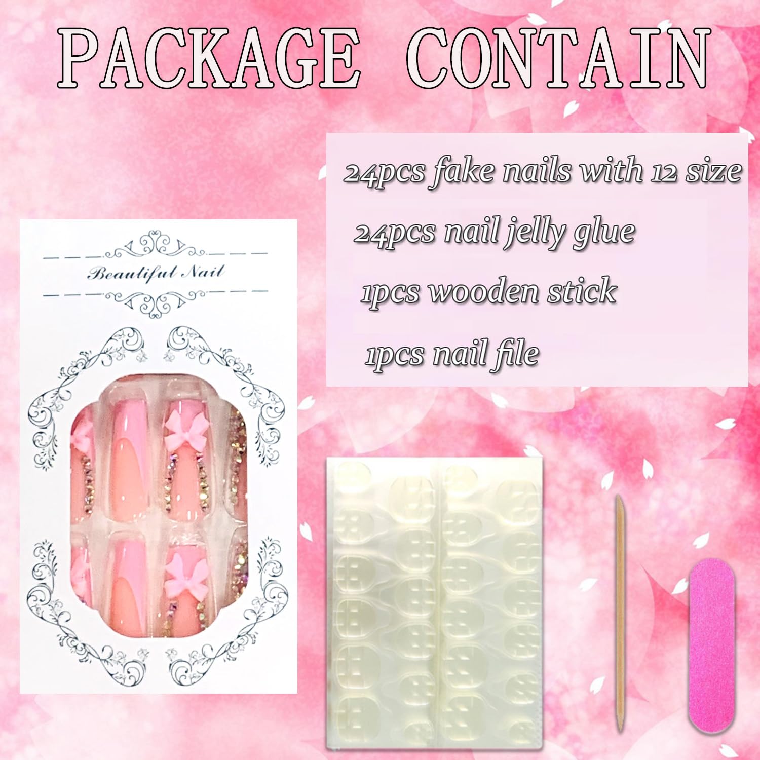 FIEONCIY application tools and adhesive tabs arranged for quick at-home manicure