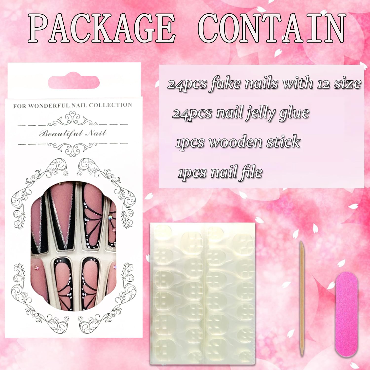 FIEONCIY mini file, wooden stick, and adhesive tabs displayed to speed easy application