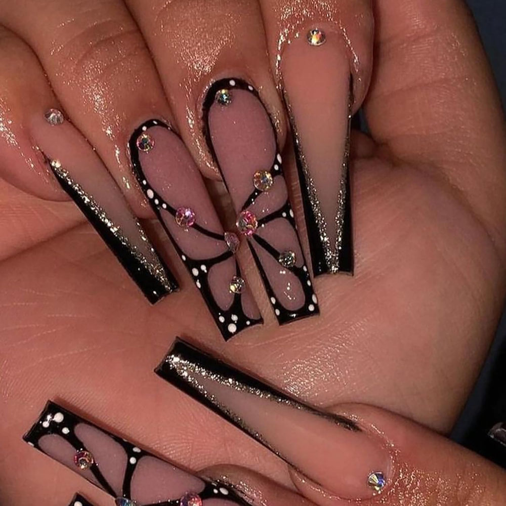 FIEONCIY front package showing glossy black coffin nails and included accessories for instant style