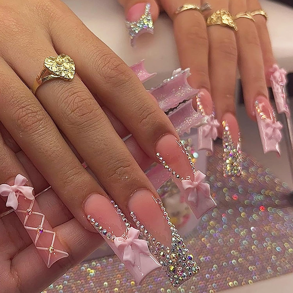 FIEONCIY front packaging showing all 24 glossy coffin press-on nails and accessories for convenience