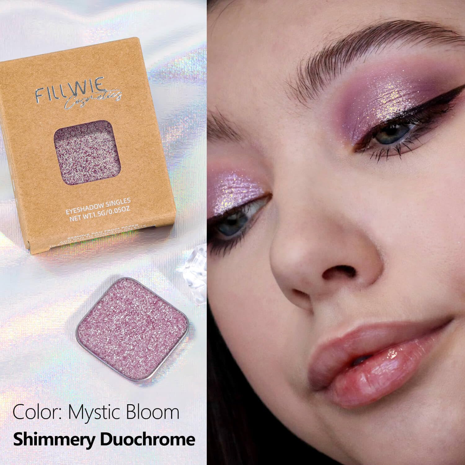 Fillwie swatched on fingertip displaying intense lavender to gold-lime color shift payoff