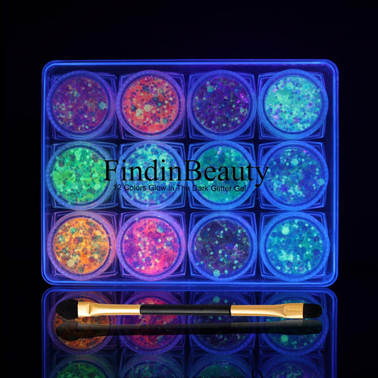 FindinBeauty front packaging showing 12 colorful glitter gels and product branding benefit quick selection