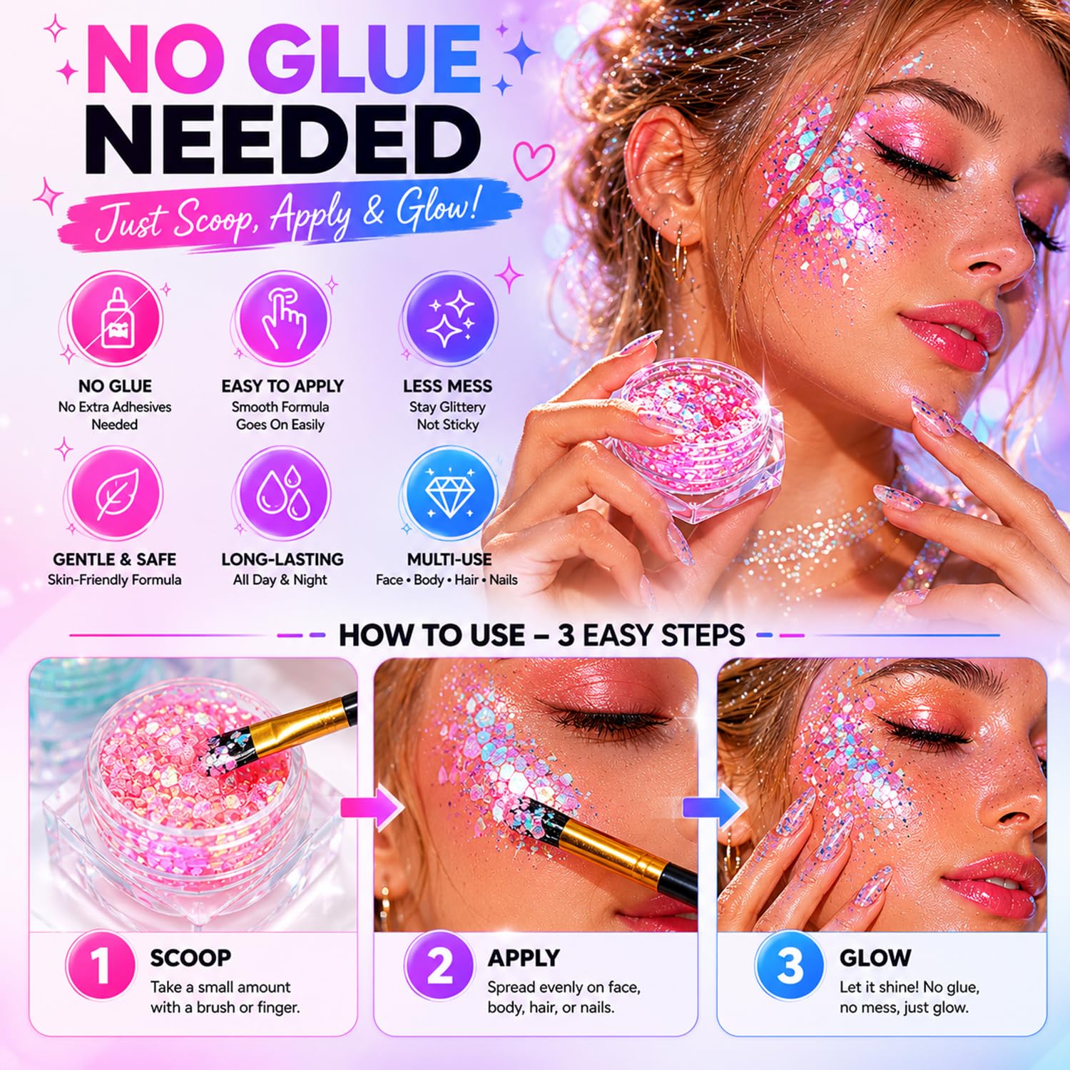 FindinBeauty hairline highlight demo showing glitter in hair for eye-catching stage shine