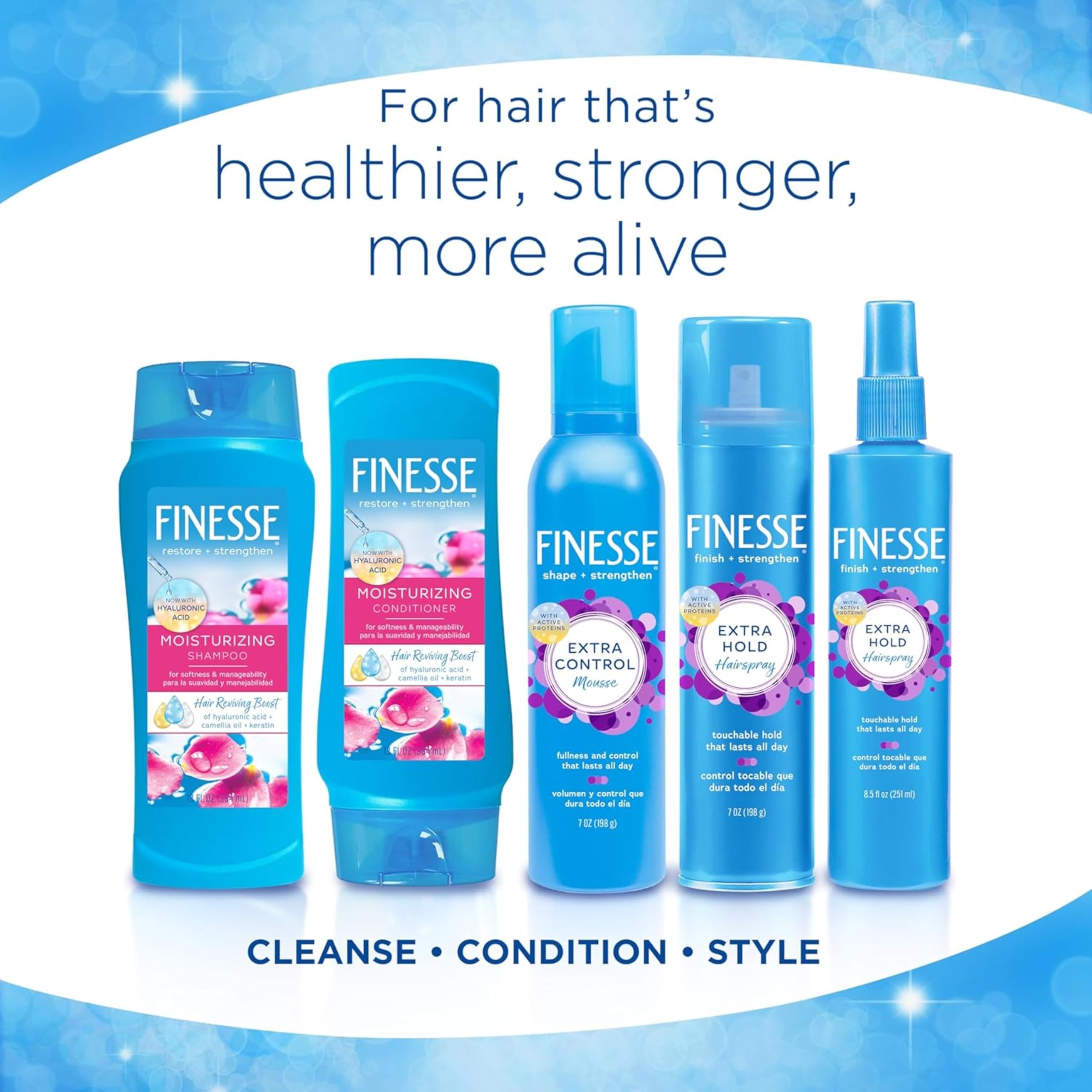 FINESSE shampoo in bathroom setting suggesting everyday use and fresh scent