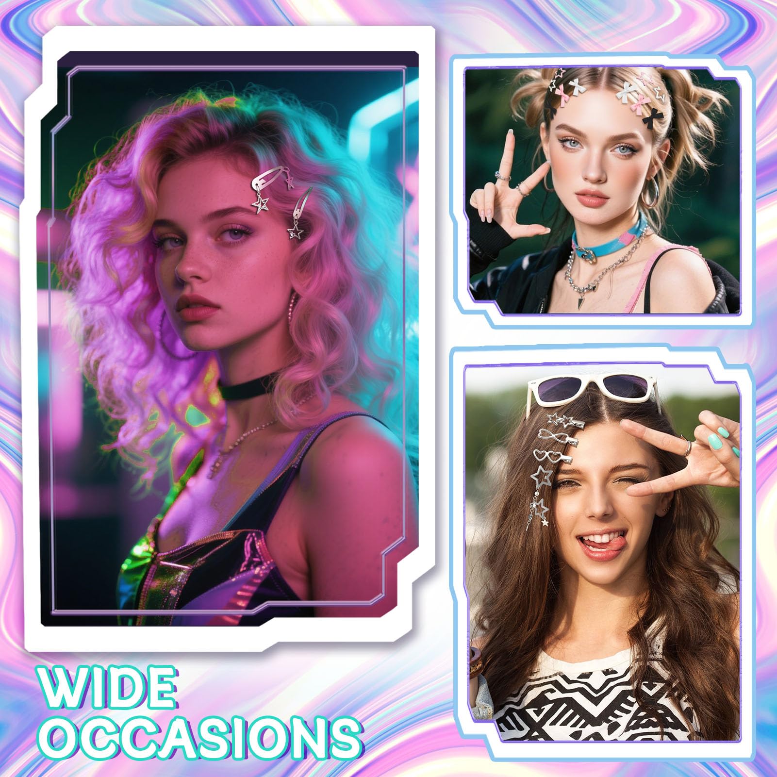 Fingertip WD lifestyle image of model wearing multiple clips for Y2K street-style flair