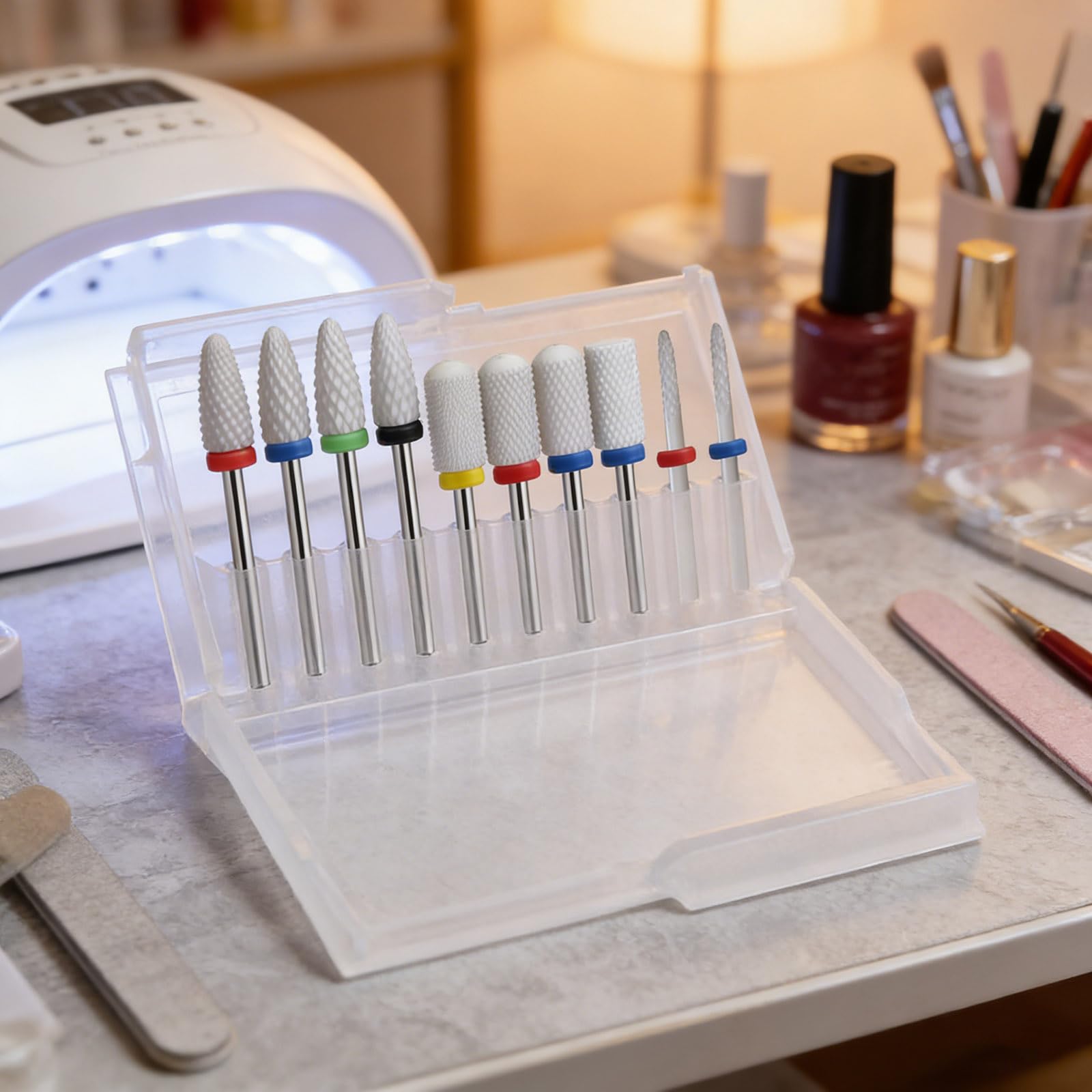 finibir salon table with bits ready showing professional, organized setup