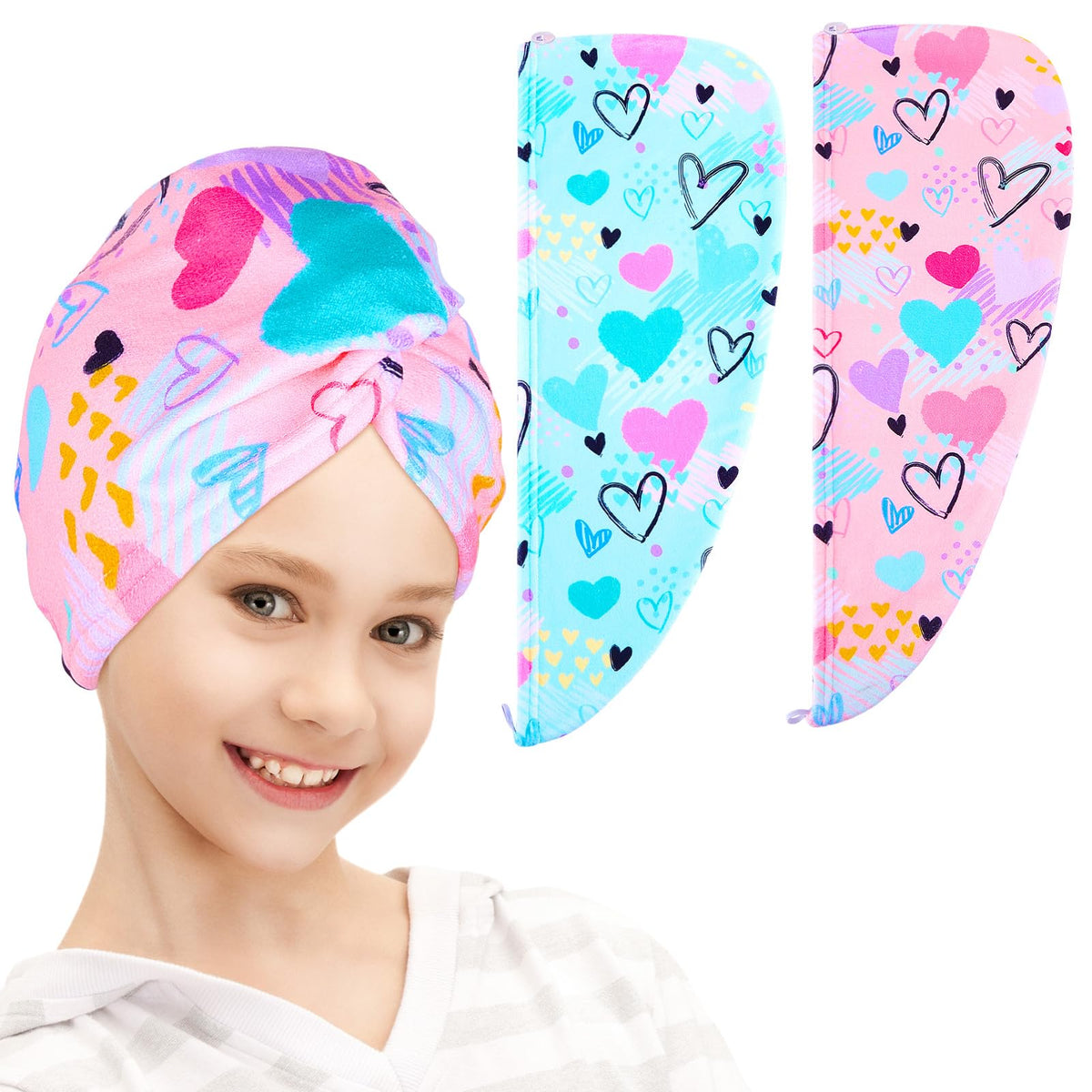 FIOBEE front view of two-pack turban shows colorful patterns and size benefit