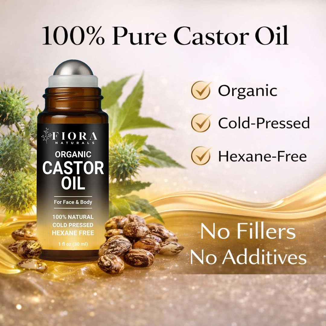 Fiora Naturals castor oil roll‑on top view showing mess‑free applicator benefit