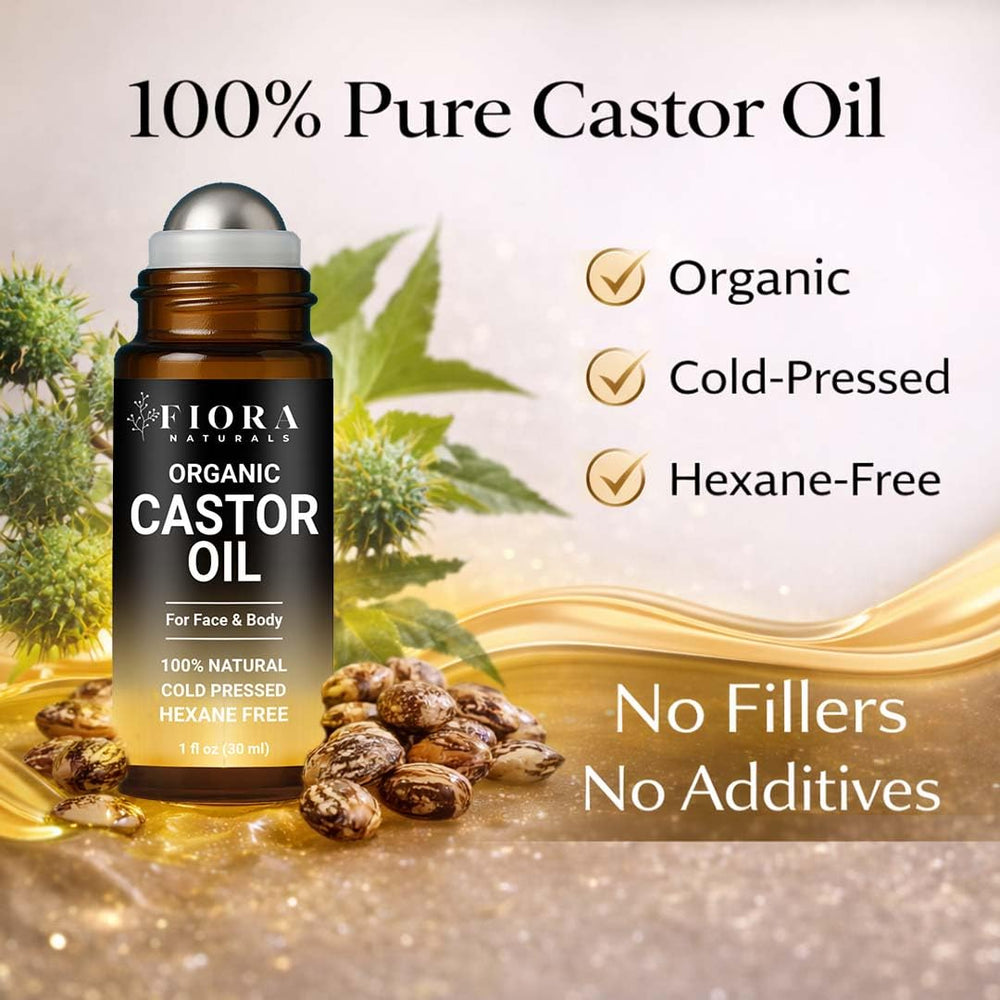Fiora Naturals castor oil roll‑on top view showing mess‑free applicator benefit