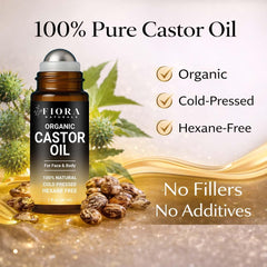 Fiora Naturals castor oil roll‑on top view showing mess‑free applicator benefit
