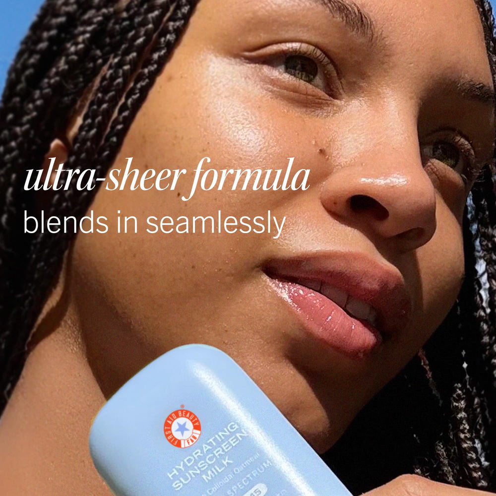 First Aid Beauty sunscreen milk on hand demonstrating invisible finish benefit