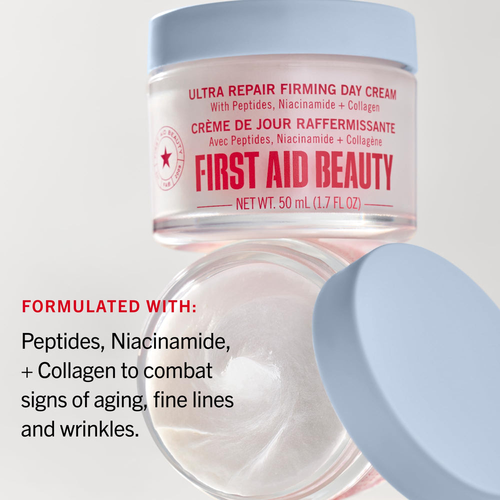 First Aid Beauty jar next to ruler showing 1.7 oz size and travel-friendly scale