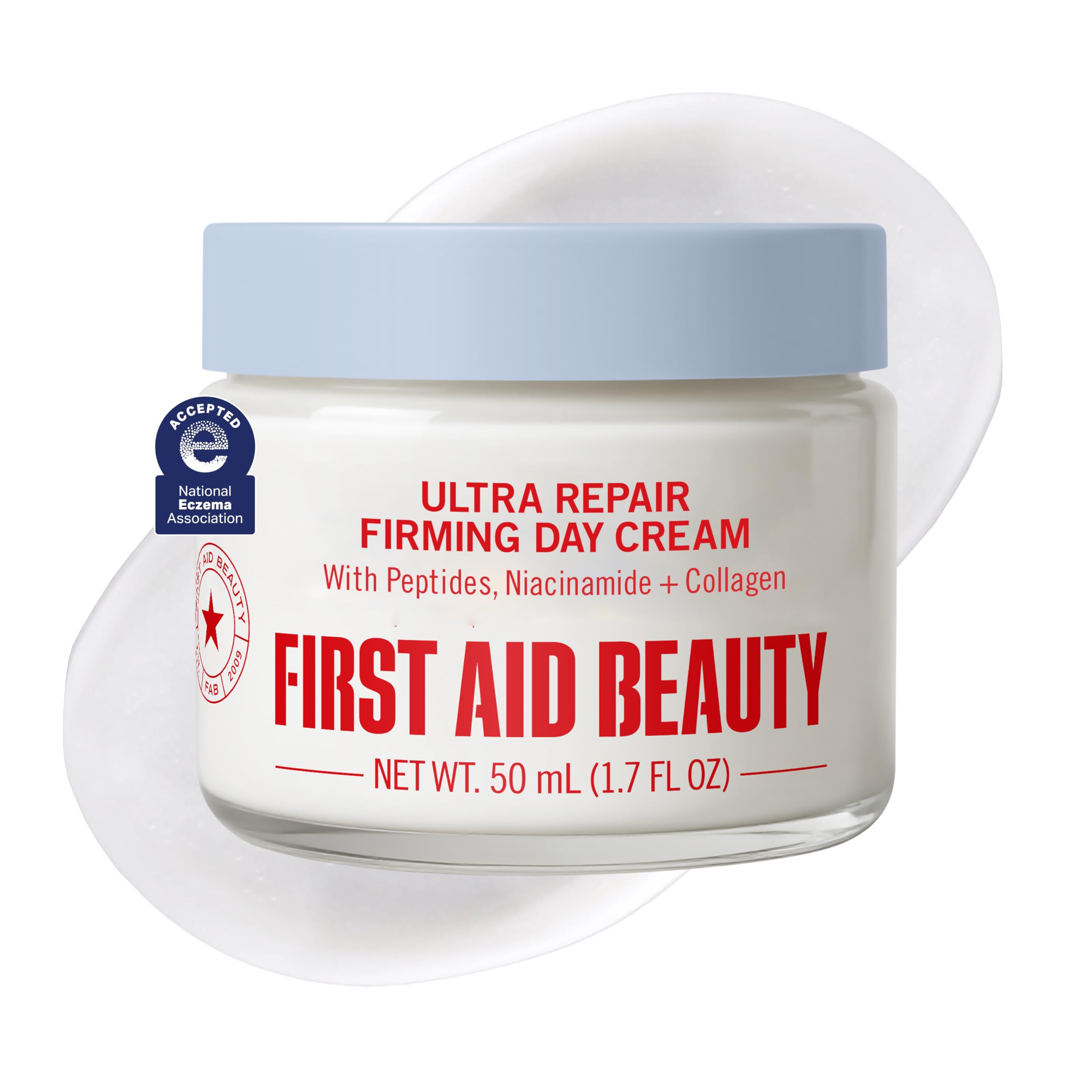 First Aid Beauty front jar view showing clean packaging and firming benefits