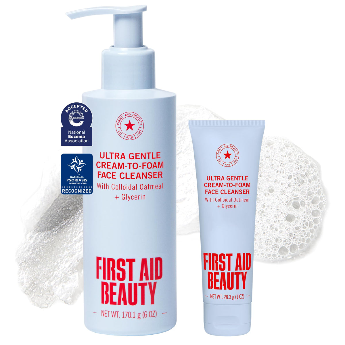 First Aid Beauty front pump bottle shown for easy daily dispensing and hygiene