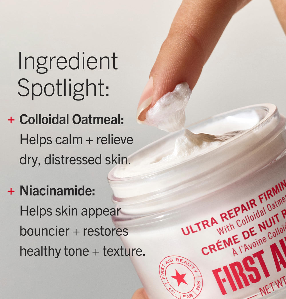 First Aid Beauty on nighttime bathroom vanity suggesting relaxing evening routine