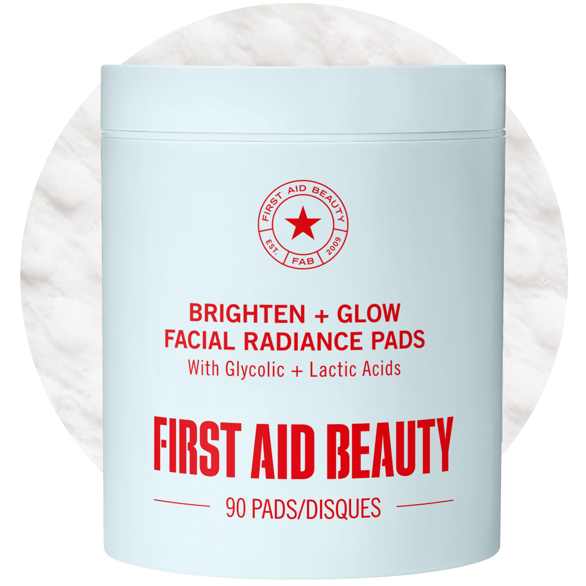 First Aid Beauty front packaging showing 90-count pad tub and branding for quick purchase benefit