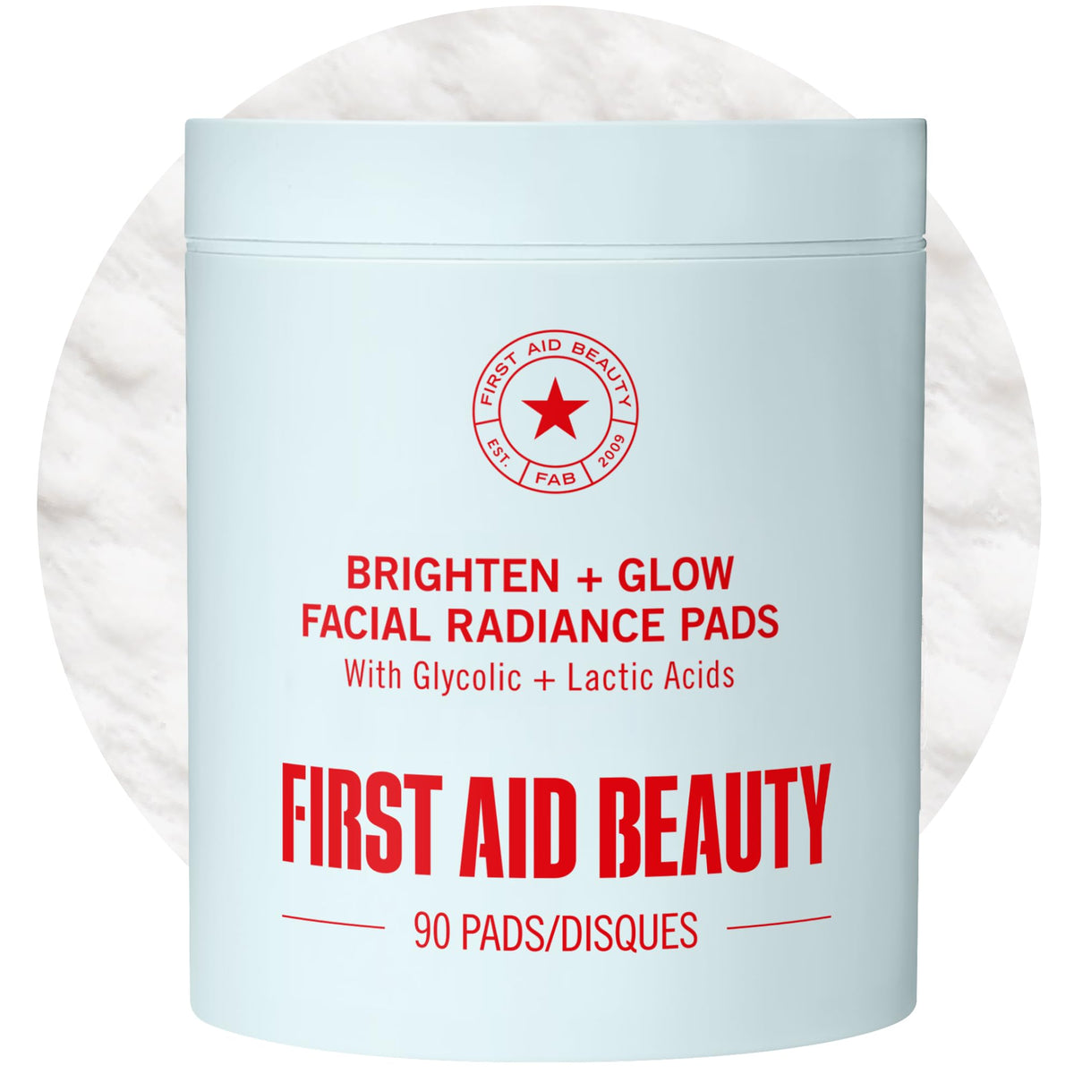 First Aid Beauty front packaging showing 90-count pad tub and branding for quick purchase benefit